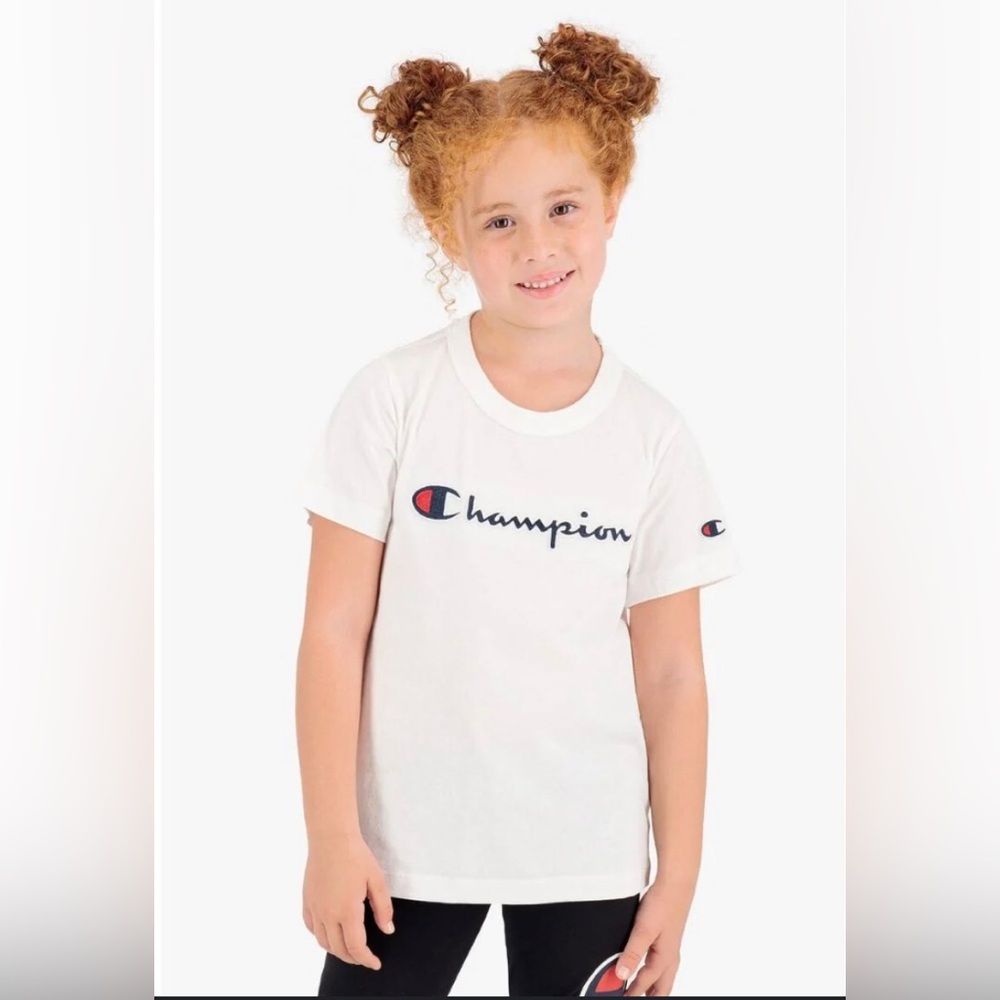 Champion 2 piece ensemble Kids White T-Shirt and navy blue shorts